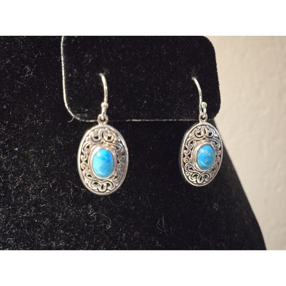 NK Sterling Silver 925 Filigree Turquoise Oval Dangle Drop Earrings - Bali Style
